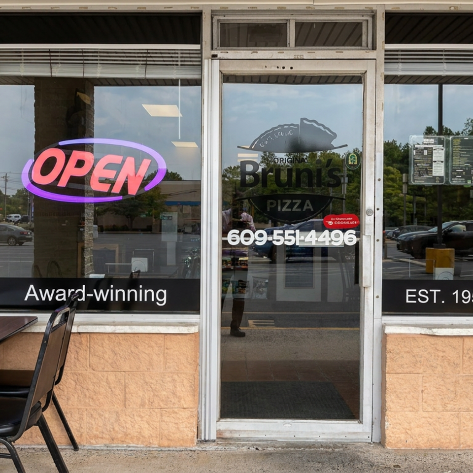 Bruni’s Pizza storefront with an open sign, outdoor tables and chairs, window lettering, and a glass entrance.